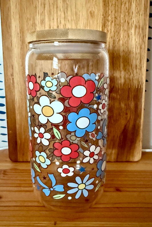Red, White and Blue Floral 16oz Glass Can
