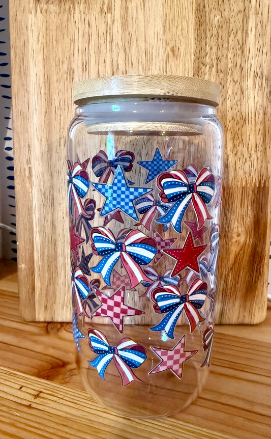 Stars, Stripes and Bows 16oz Glass Can