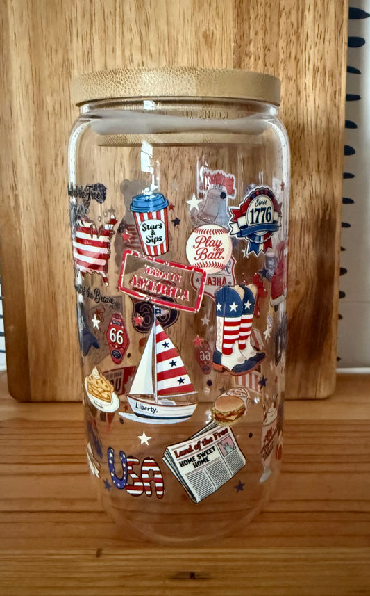 Red, White and Blue Summer 16oz Glass Can