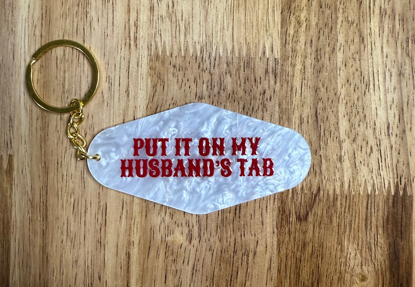 Put it on my Husband’s Tab White Marble Keychain