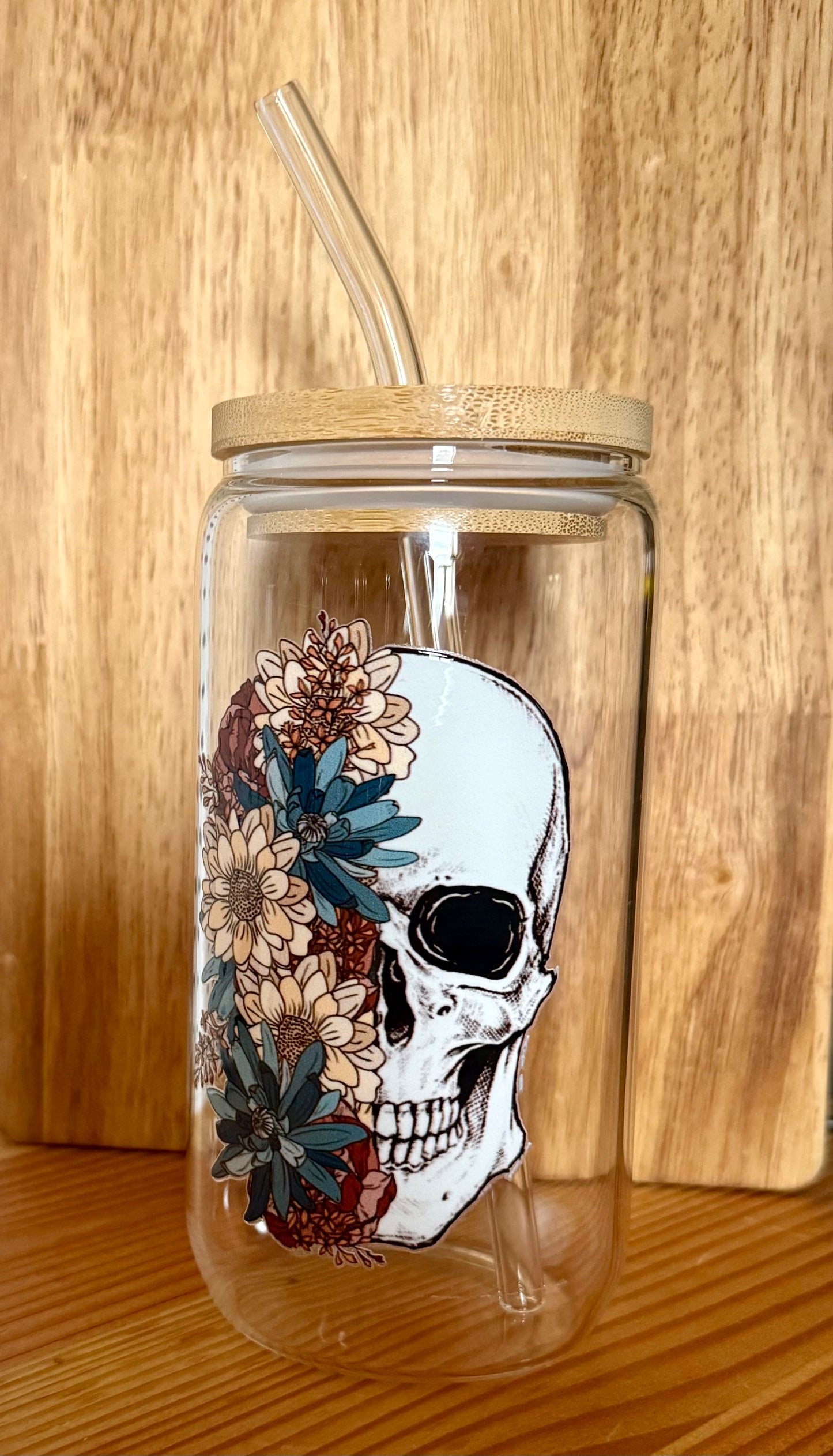 Floral Skull 16oz Glass Can