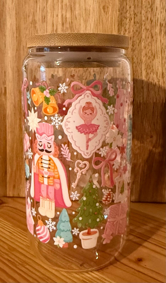 Pink Nutcracker 16oz Glass Can