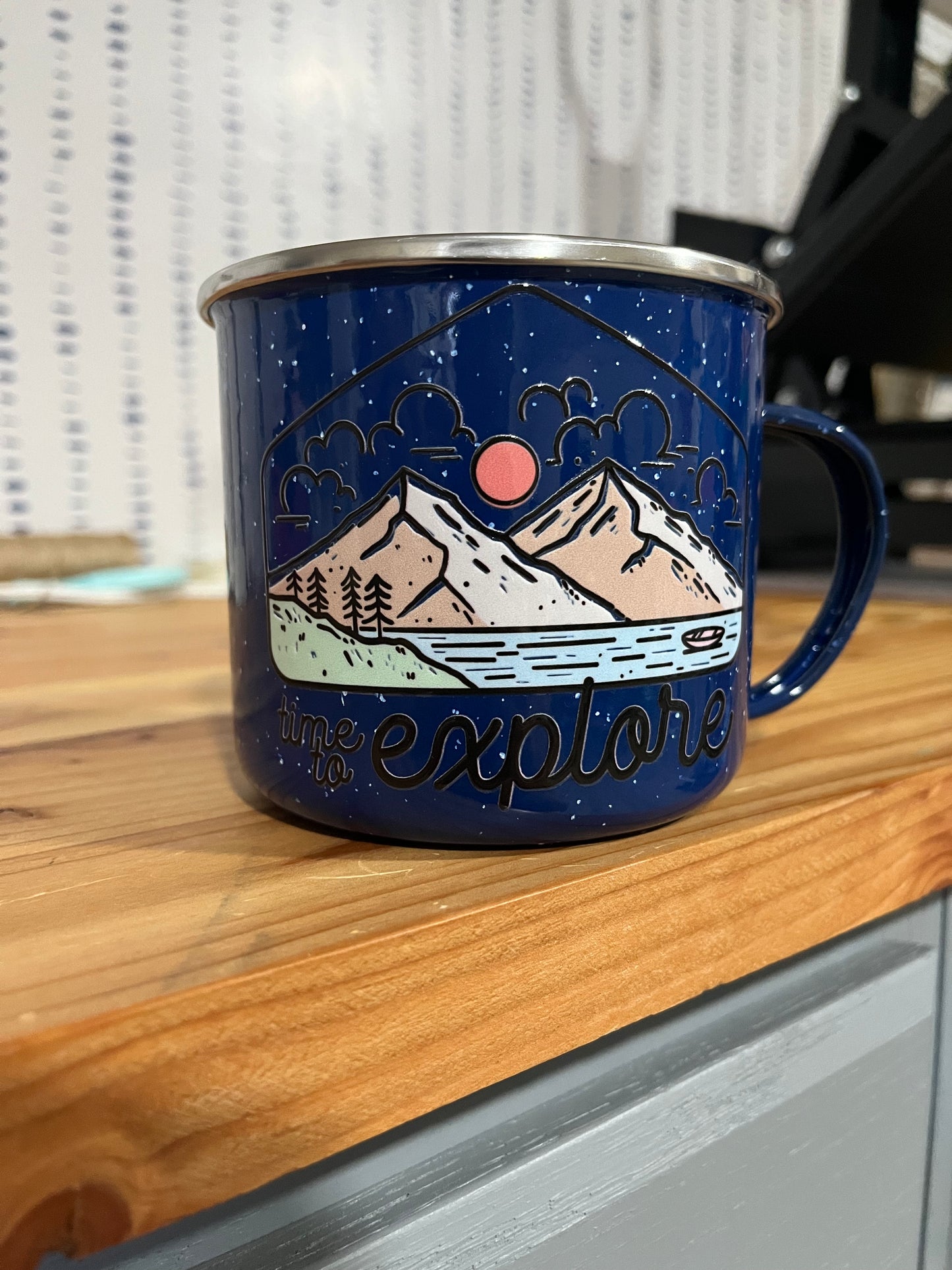 Time to Explore Enamel Coffee Cup